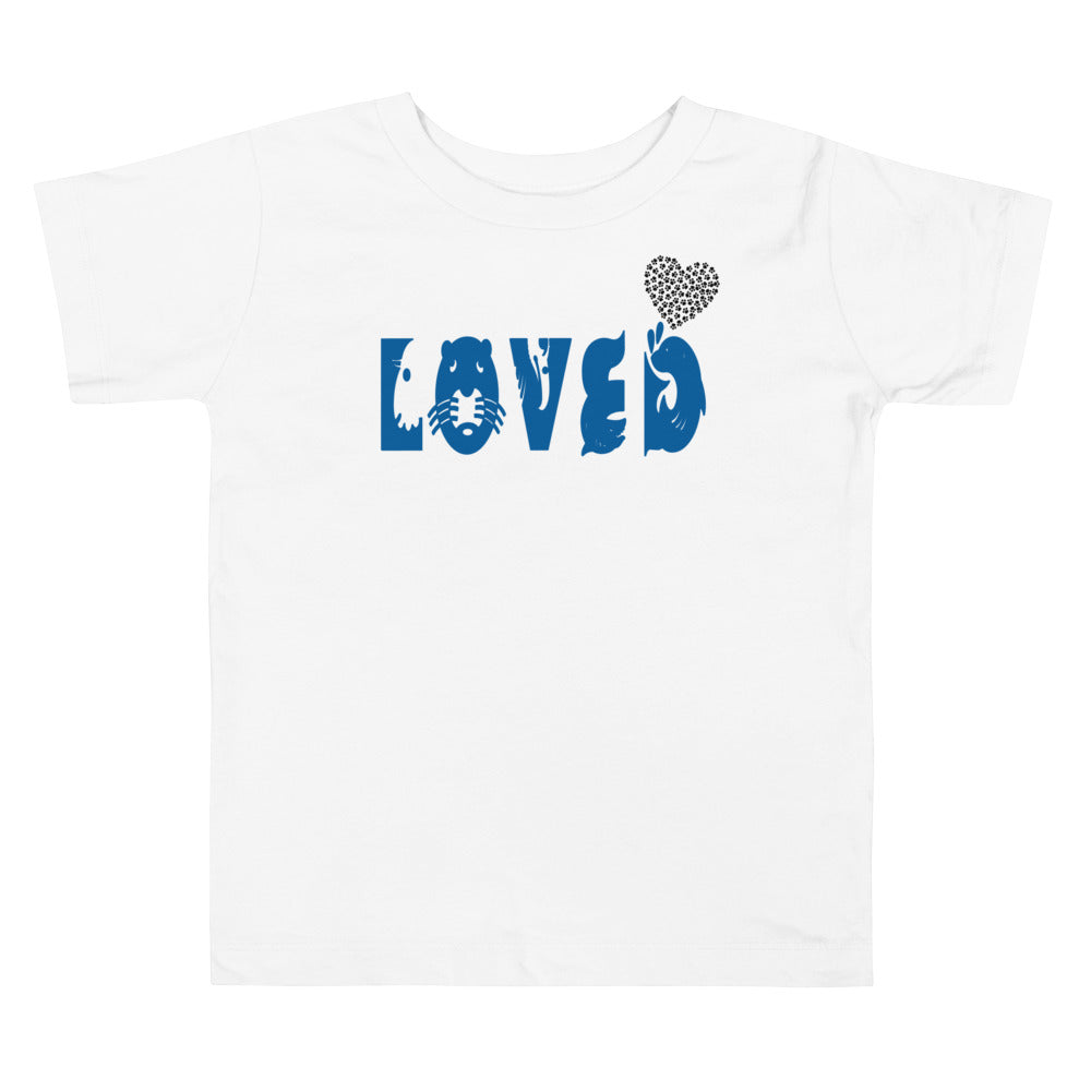 Loved Critters Letters In Blue. Short Sleeve T Shirt For Toddler And Kids. - TeesForToddlersandKids -  t-shirt - holidays, Love - loved-critters-short-sleeve-t-shirt-for-toddler-and-kids