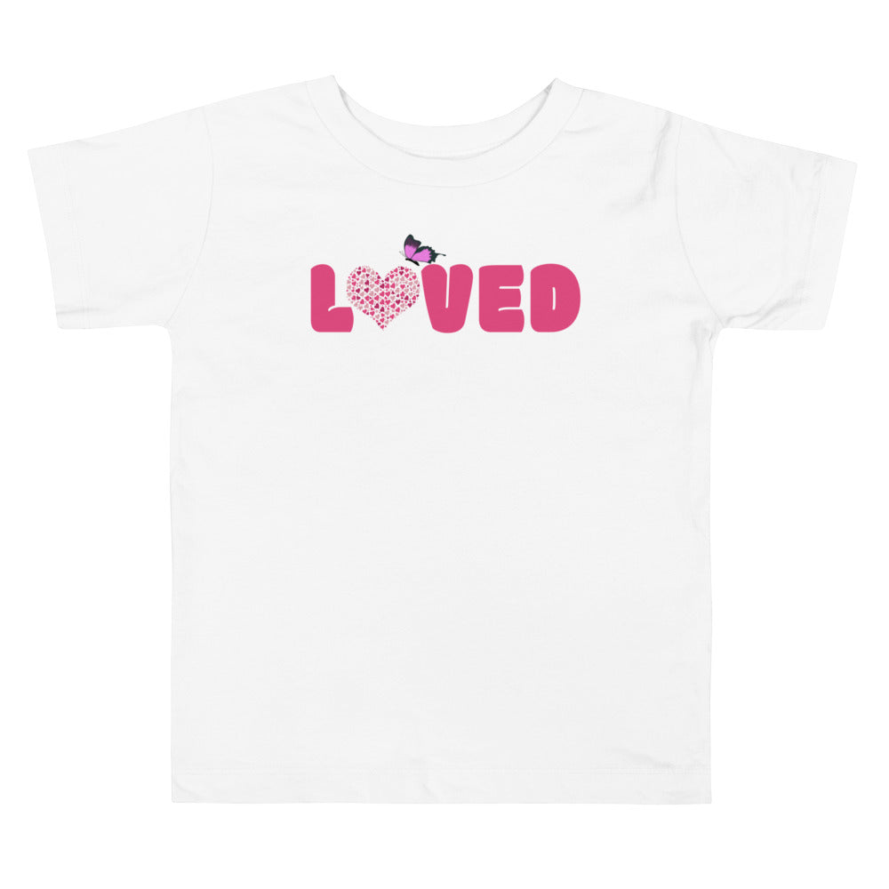 Loved Pink With Pink Butterfly. Short Sleeve T Shirt For Toddler And Kids. - TeesForToddlersandKids -  t-shirt - holidays, Love - loved-pink-with-pink-butterfly-short-sleeve-t-shirt-for-toddler-and-kids