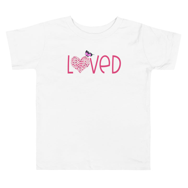Loved Pink Butterfly Loply. Short Sleeve T Shirt For Toddler And Kids. - TeesForToddlersandKids -  t-shirt - holidays, Love - loved-pink-butterfly-loply-short-sleeve-t-shirt-for-toddler-and-kids