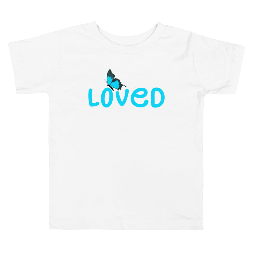 Loved With Blue Butterfly. Short Sleeve T Shirt For Toddler And Kids. - TeesForToddlersandKids -  t-shirt - holidays, Love - loved-with-blue-butterfly-short-sleeve-t-shirt-for-toddler-and-kids