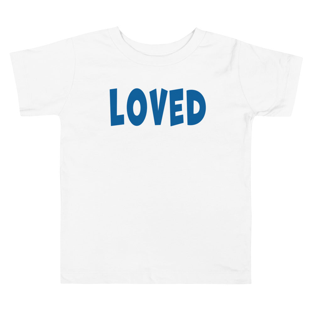 Loved, in Big Blue Letters. Short Sleeve T Shirt For Toddler And Kids. - TeesForToddlersandKids -  t-shirt - holidays, Love - loved-marvin-short-sleeve-t-shirt-for-toddler-and-kids