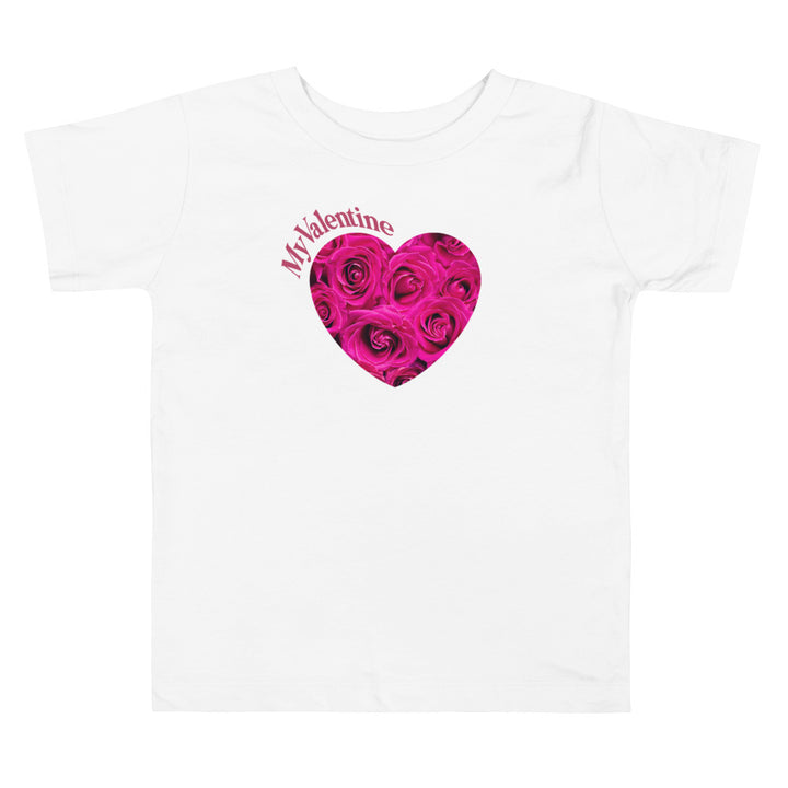 My Valentine Text With Heart Pink Roses. Short Sleeve T Shirt For Toddler And Kids. - TeesForToddlersandKids -  t-shirt - holidays, Love - my-valentine-text-with-heart-pink-roses-short-sleeve-t-shirt-for-toddler-and-kids