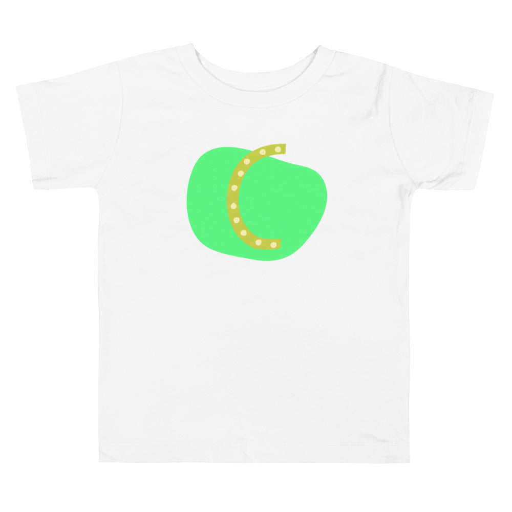 C Letter Alphabet Green On Apple Green. Short Sleeve T-shirt For Toddler And Kids.