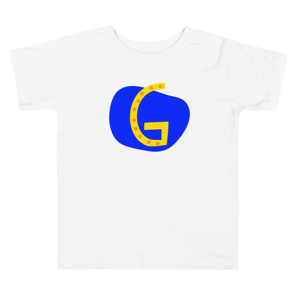 G Letter Alphabet Yellow Blue. Short Sleeve T-shirt For Toddler And Kids.