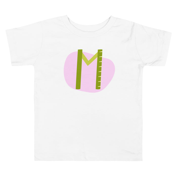 M Letter Alphabet Green Pink. Short Sleeve T-shirt For Toddler And Kids.