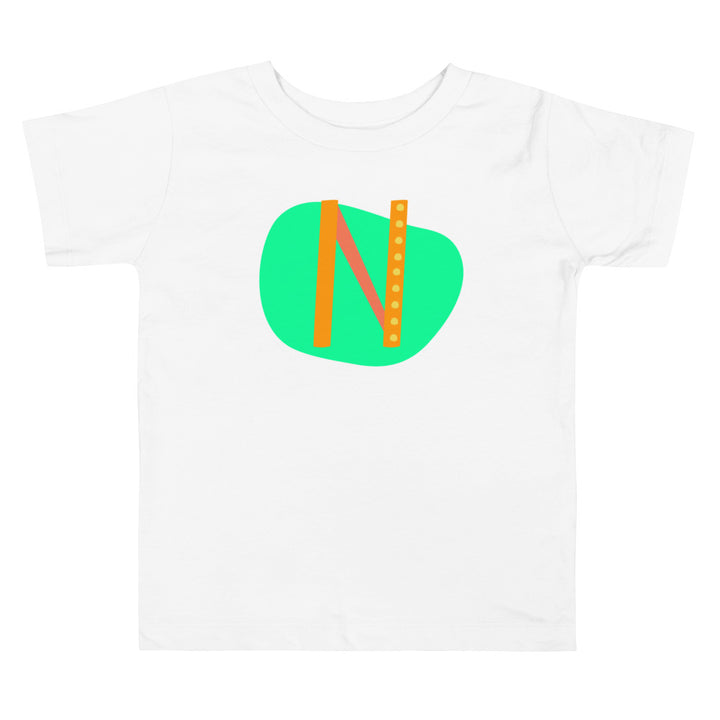 N Letter Alphabet Orange Bright Green. Short Sleeve T-shirt For Toddler And Kids.