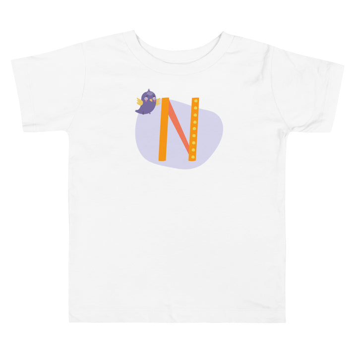 N Letter Alphabet Orange Lavender With Bird. Short Sleeve T-shirt For Toddler And Kids.
