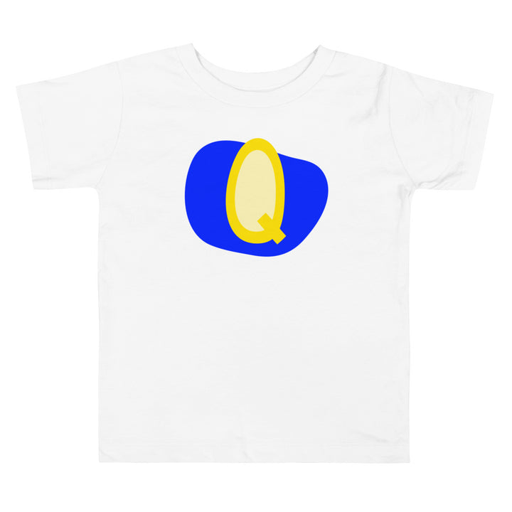 Q Letter Alphabet Yellow Blue Royale. Short Sleeve T-shirt For Toddler And Kids.