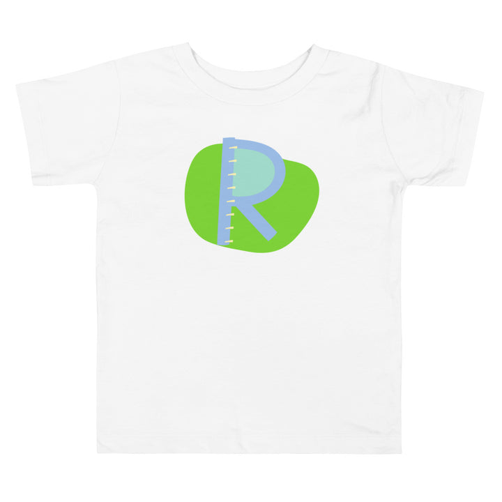 R Letter Alphabet Blue Bright Green. Short Sleeve T-shirt For Toddler And Kids.