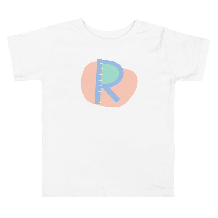 R Letter Alphabet Blue Light Pink. Short Sleeve T-shirt For Toddler And Kids.