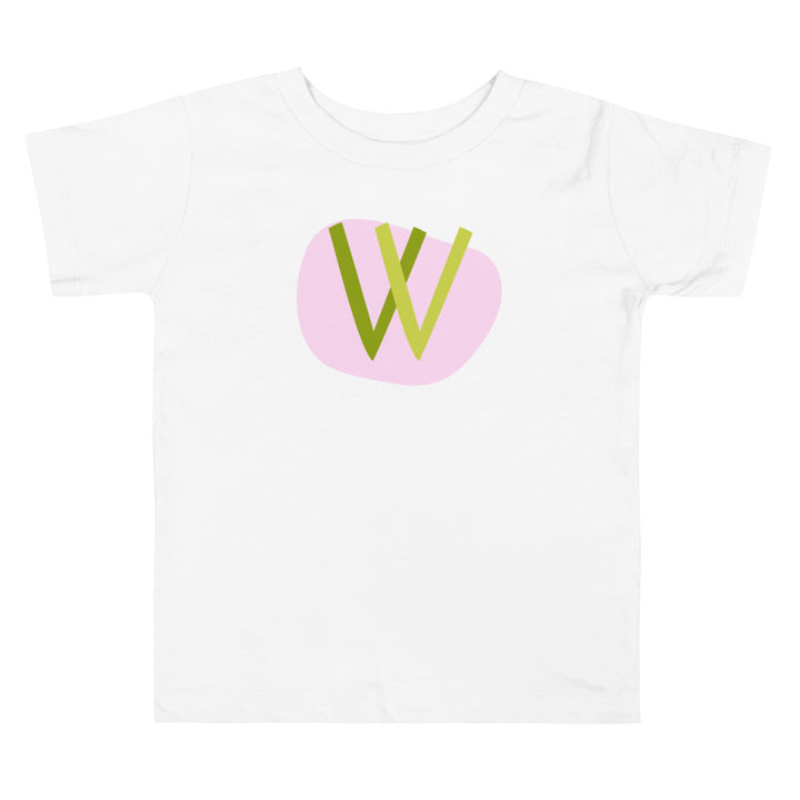 W Letter Alphabet Green Light Lavender Pink. Short Sleeve T-shirt For Toddler And Kids.