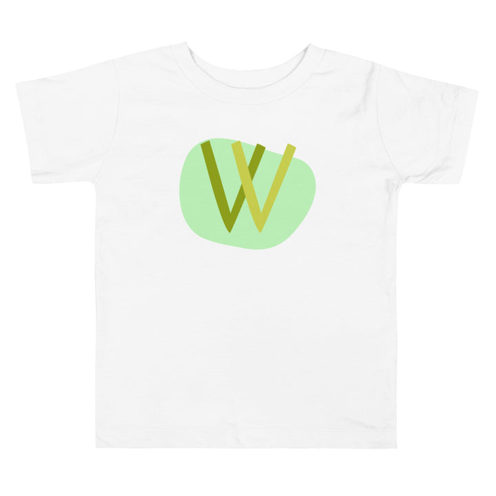 W letter alphabet green on light green.  Short sleeve t-shirt for toddler and kids.