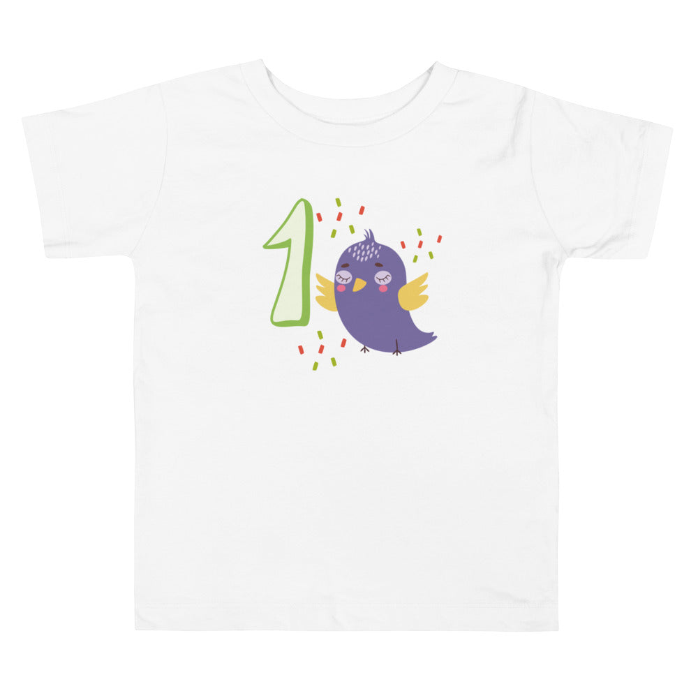 1 Year Birthday Purple Bird. Short Sleeve T Shirt For Toddler And Kids. - TeesForToddlersandKids -  t-shirt - birthday - 1-year-birthday-purple-bird-short-sleeve-t-shirt-for-toddler-and-kids
