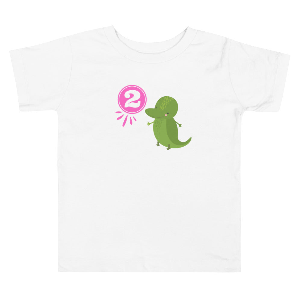 2 Years Birthday Dino Pink. Short Sleeve T Shirt For Toddler And Kids. - TeesForToddlersandKids -  t-shirt - birthday - 2-years-birthday-dino-pink-short-sleeve-t-shirt-for-toddler-and-kids