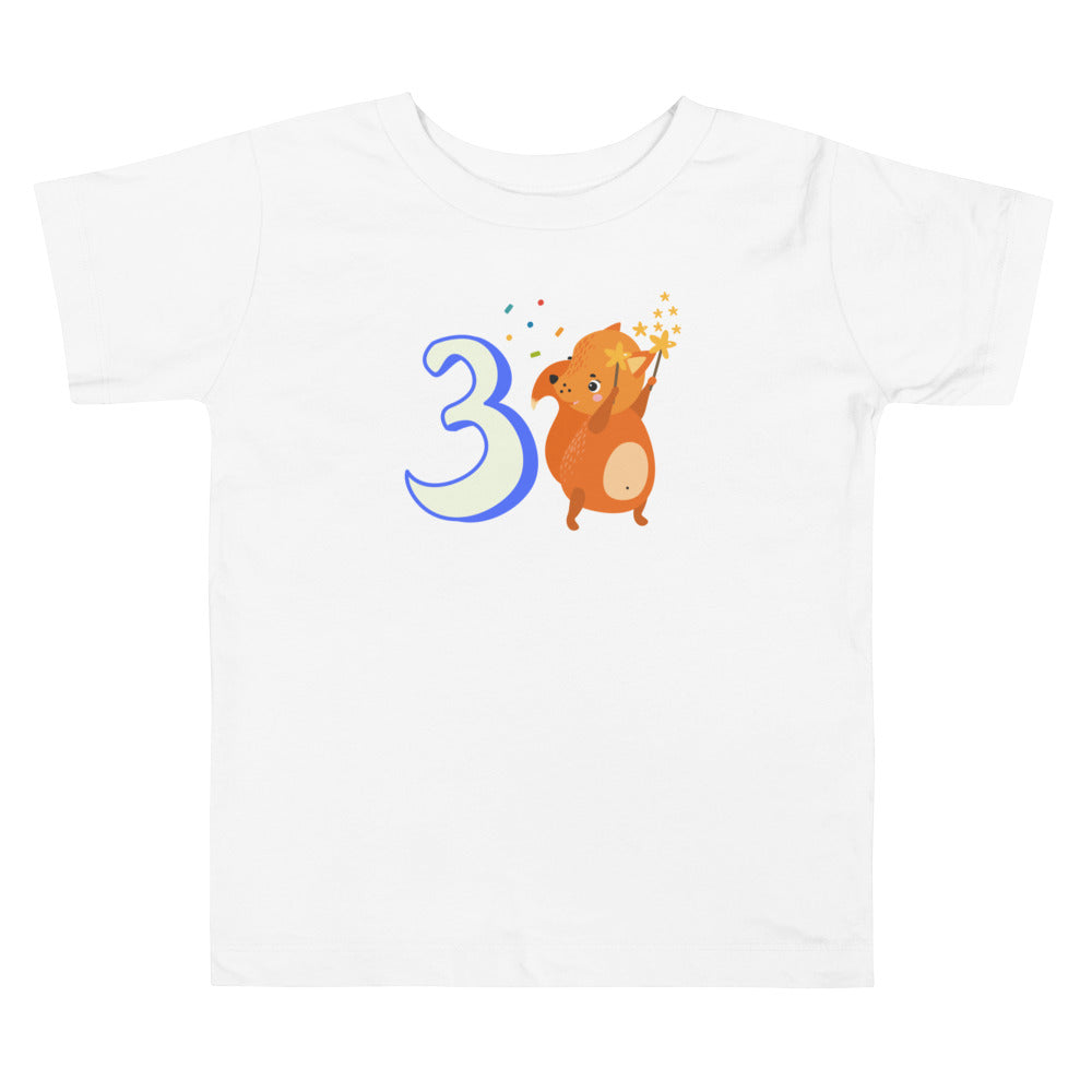 3 Year Birthday Cute Fox Blue. Short Sleeve T Shirt For Toddler And Kids. - TeesForToddlersandKids -  t-shirt - birthday - 3-year-birthday-cute-fox-blue-short-sleeve-t-shirt-for-toddler-and-kids