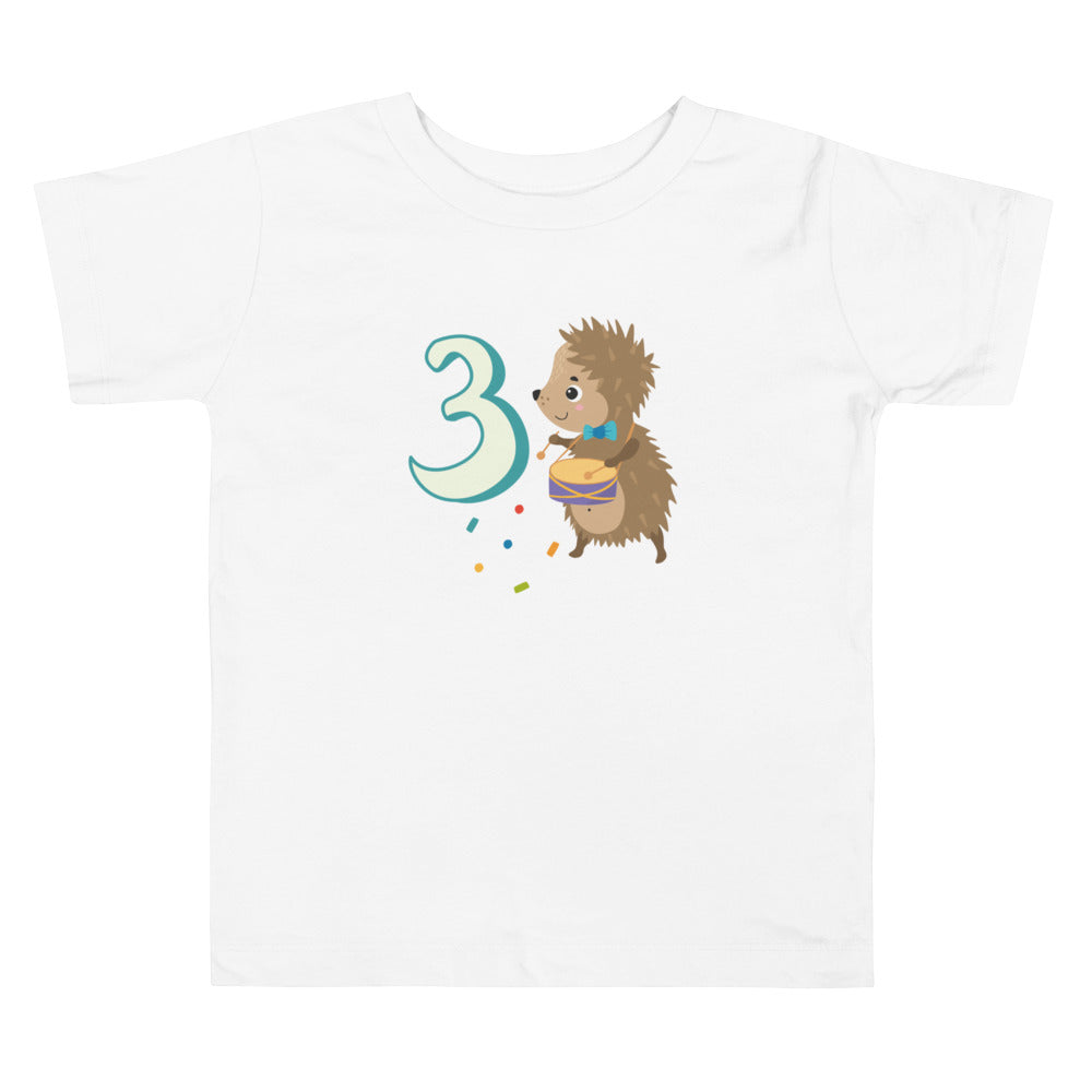 3 Year Birthday Cute Hedgehog Turcoise. Short Sleeve T Shirt For Toddler And Kids. - TeesForToddlersandKids -  t-shirt - birthday - 3-year-birthday-cute-hedgehog-turcoise-short-sleeve-t-shirt-for-toddler-and-kids