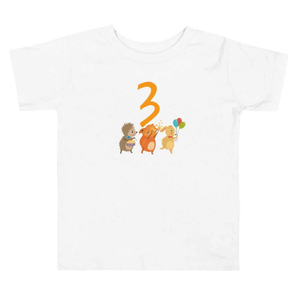 3 Year Birthday Dog Fox Rabbit Cute. Short Sleeve T Shirt For Toddler And Kids. - TeesForToddlersandKids -  t-shirt - birthday - 3-year-birthday-dog-fox-rabbit-cute-short-sleeve-t-shirt-for-toddler-and-kids