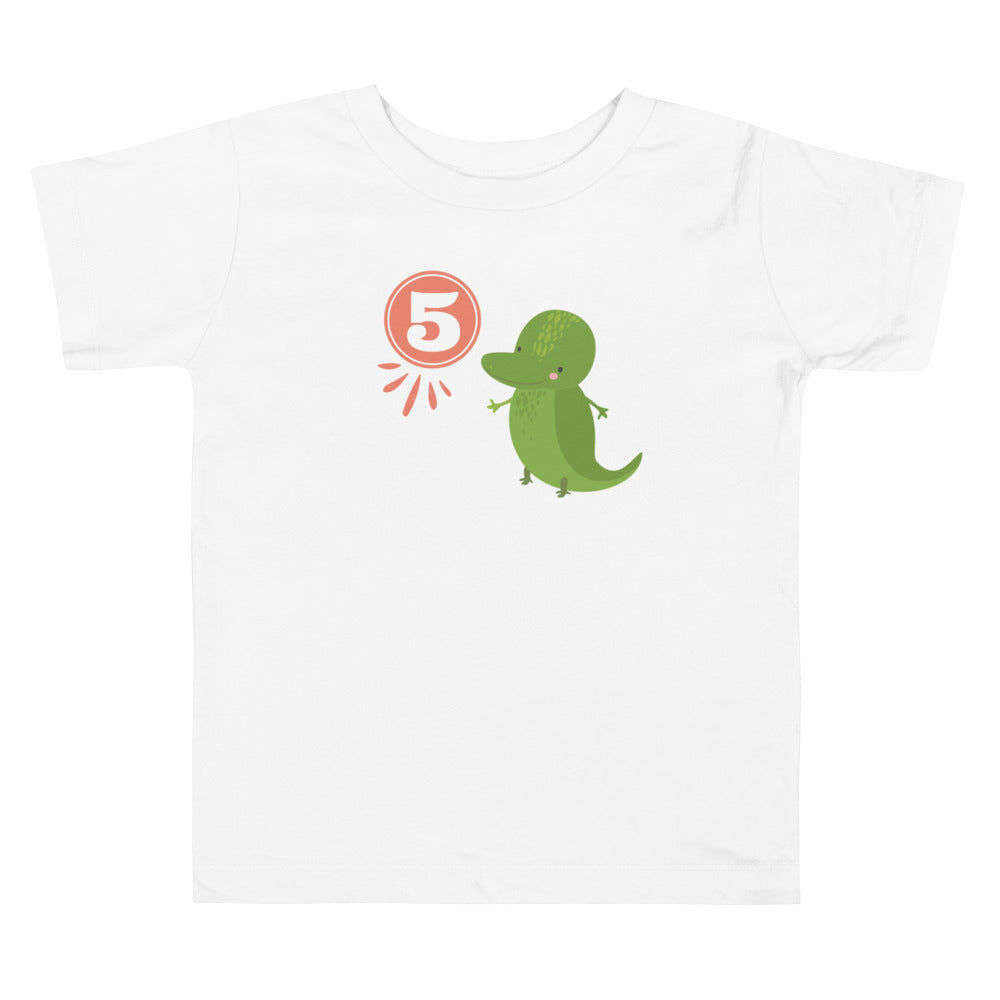 5 Years Birthday Dino Coral. Short Sleeve T Shirt For Toddler And Kids. - TeesForToddlersandKids -  t-shirt - birthday - 5-years-birthday-dino-coral-short-sleeve-t-shirt-for-toddler-and-kids