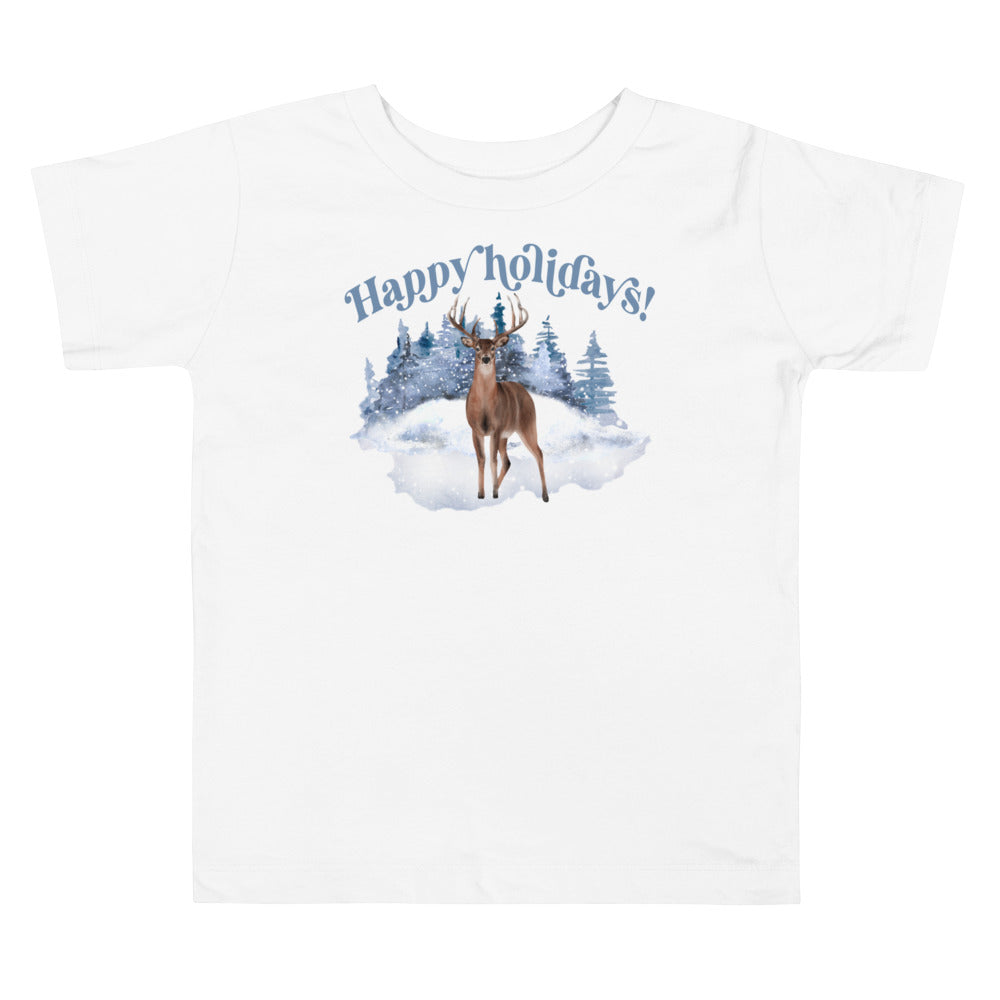 Happy holidays with forest deer. Short sleeve t shirt for toddler and kids. - TeesForToddlersandKids -  t-shirt - christmas, holidays - happy-holidays-with-forest-deer-short-sleeve-t-shirt-for-toddler-and-kids