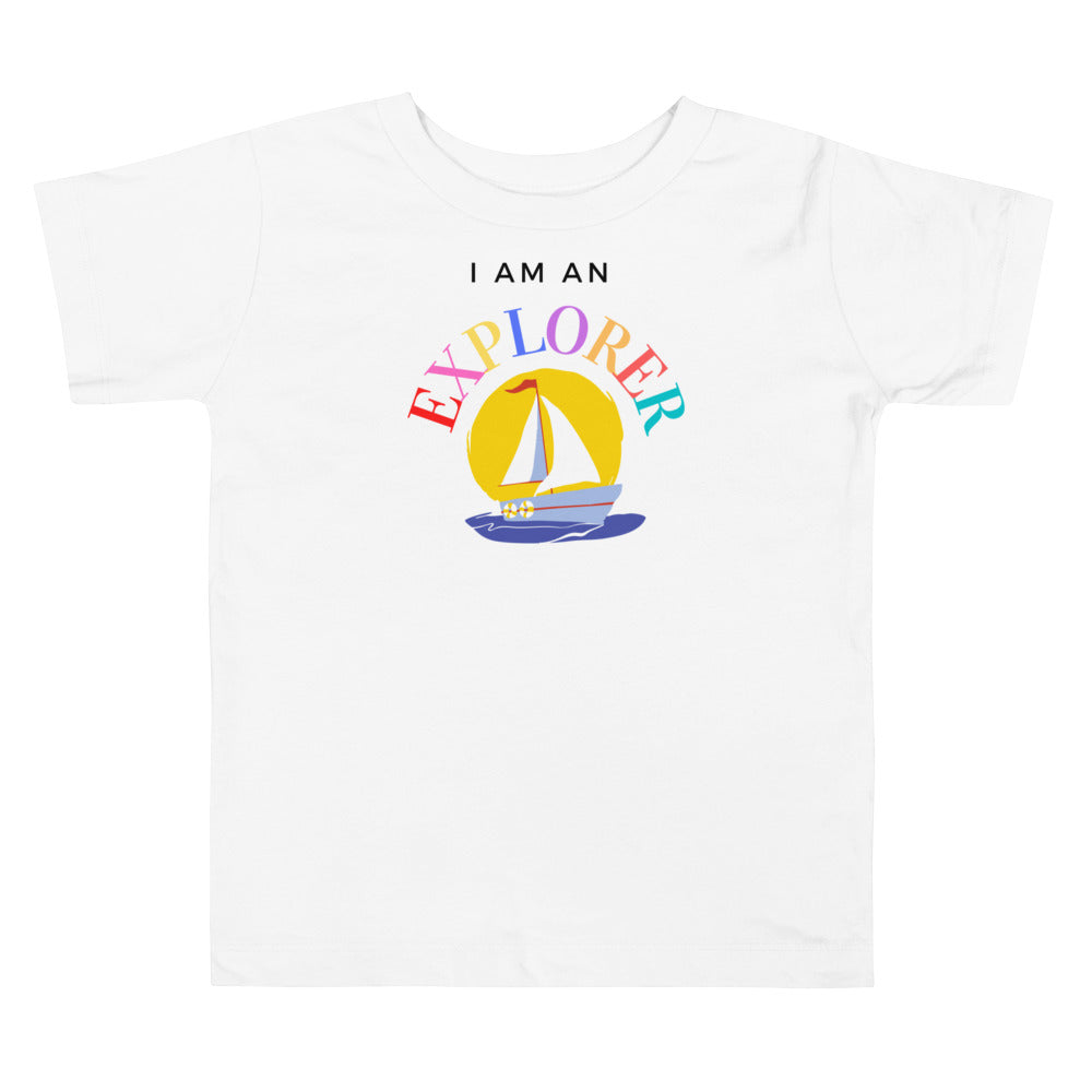 I am an explorer, with sailboat. Short sleeve t shirt for toddler and kids. - TeesForToddlersandKids -  t-shirt - positive - i-am-an-explorer-with-sailboat-short-sleeve-t-shirt-for-toddler-and-kids