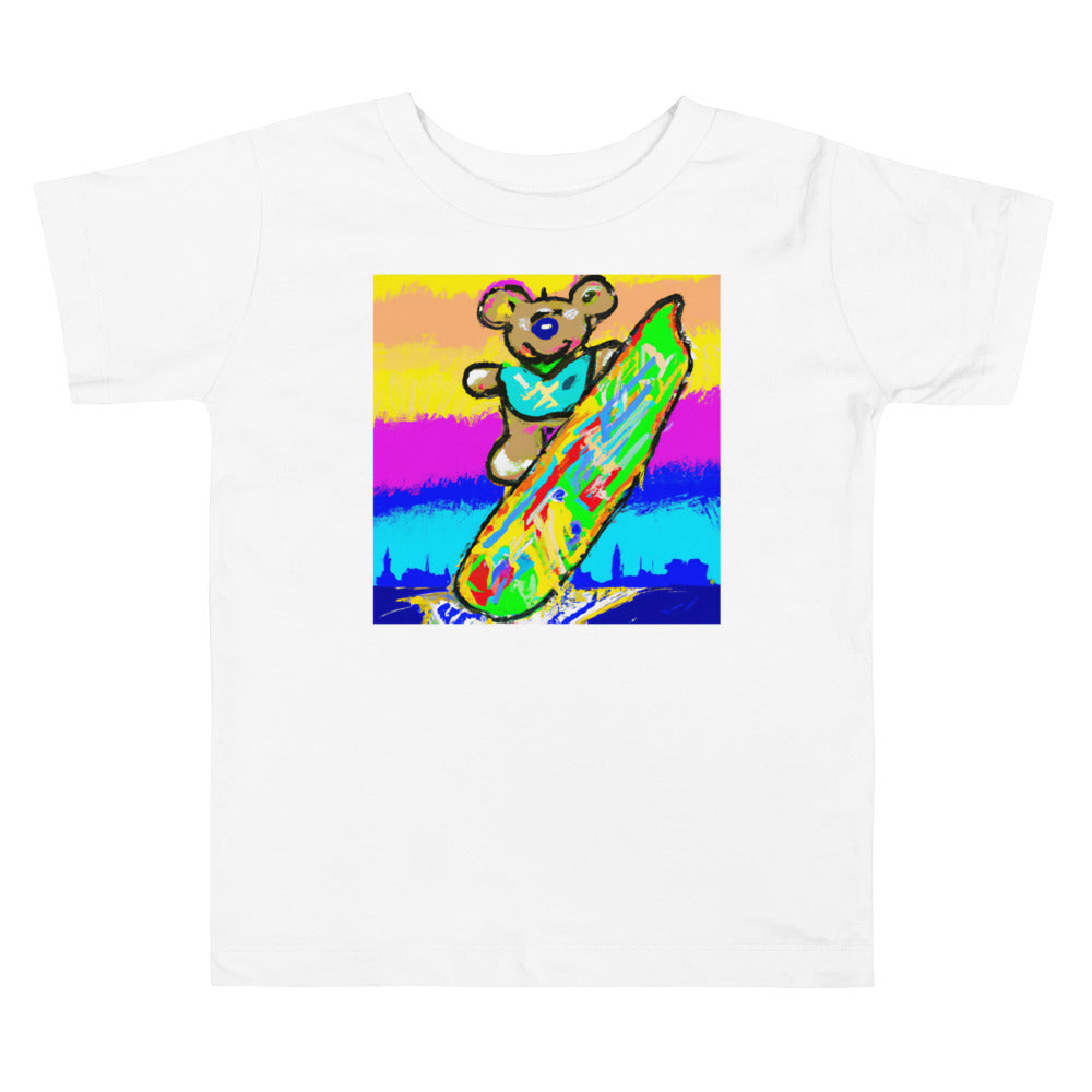 Teddy can surf 2. Short Sleeve T-shirt for Toddler and Kids - TeesForToddlersandKids -  t-shirt - seasons, summer, surf - a-cute-teddy-bear-on-a-surf-board-in-disney-land-jean-michael-basquiat-style-6-short-sleeve-t-shirt-for-toddler-and-kids