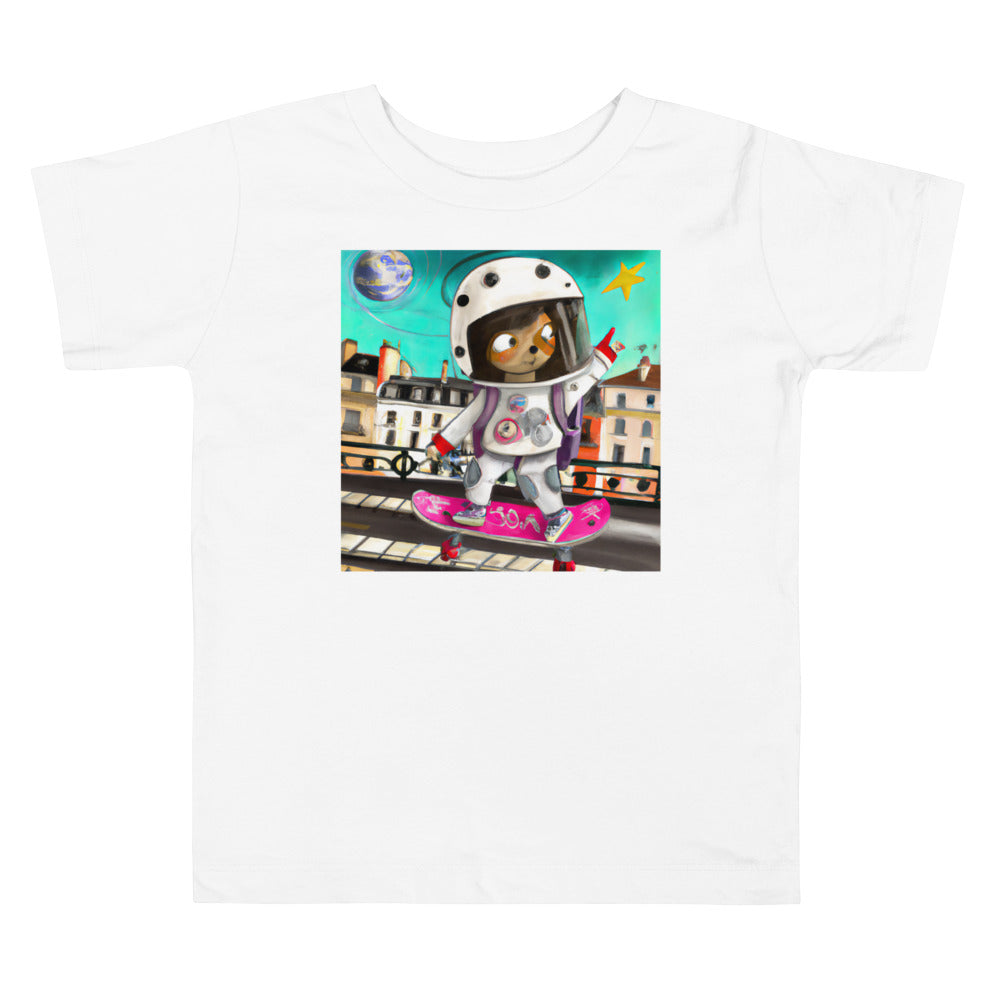 Girl Astronaut skating in Paris. Short Sleeve T-shirt for Toddler and Kids - TeesForToddlersandKids -  t-shirt - seasons, summer, surf - a-girl-astronaut-on-a-skateboard-in-paris-zoomed-out-childrens-book-illustration-short-sleeve-t-shirt-for-toddler-and-kids