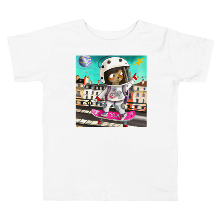 Girl Astronaut skating in Paris. Short Sleeve T-shirt for Toddler and Kids - TeesForToddlersandKids -  t-shirt - seasons, summer, surf - a-girl-astronaut-on-a-skateboard-in-paris-zoomed-out-childrens-book-illustration-short-sleeve-t-shirt-for-toddler-and-kids