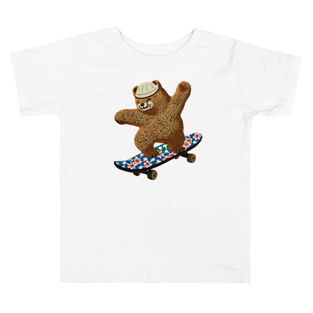 Teddy skating. Short Sleeve T-shirt for Toddler and Kids - TeesForToddlersandKids -  t-shirt - seasons, summer, surf - a-happy-teddy-bear-on-a-skateboard-ukiyo-e-style-short-sleeve-t-shirt-for-toddler-and-kids