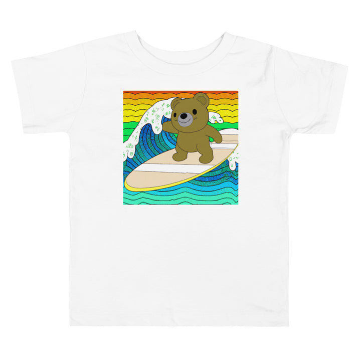 Teddy On A Wave. Short Sleeve T-shirt for Toddler and Kids - TeesForToddlersandKids -  t-shirt - seasons, summer, surf - a-happy-teddy-bear-on-a-surfboard-on-a-wave-ukiyo-e-style-short-sleeve-t-shirt-for-toddler-and-kids