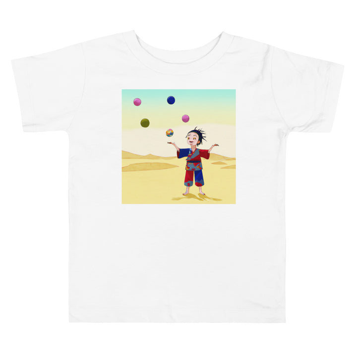 Juggling In The Desert. Short Sleeve T-shirt for Toddler and Kids - TeesForToddlersandKids -  t-shirt - seasons, summer, surf - a-happy-toddler-juggling-colorful-balls-in-the-desert-ukiyo-e-short-sleeve-t-shirt-for-toddler-and-kids
