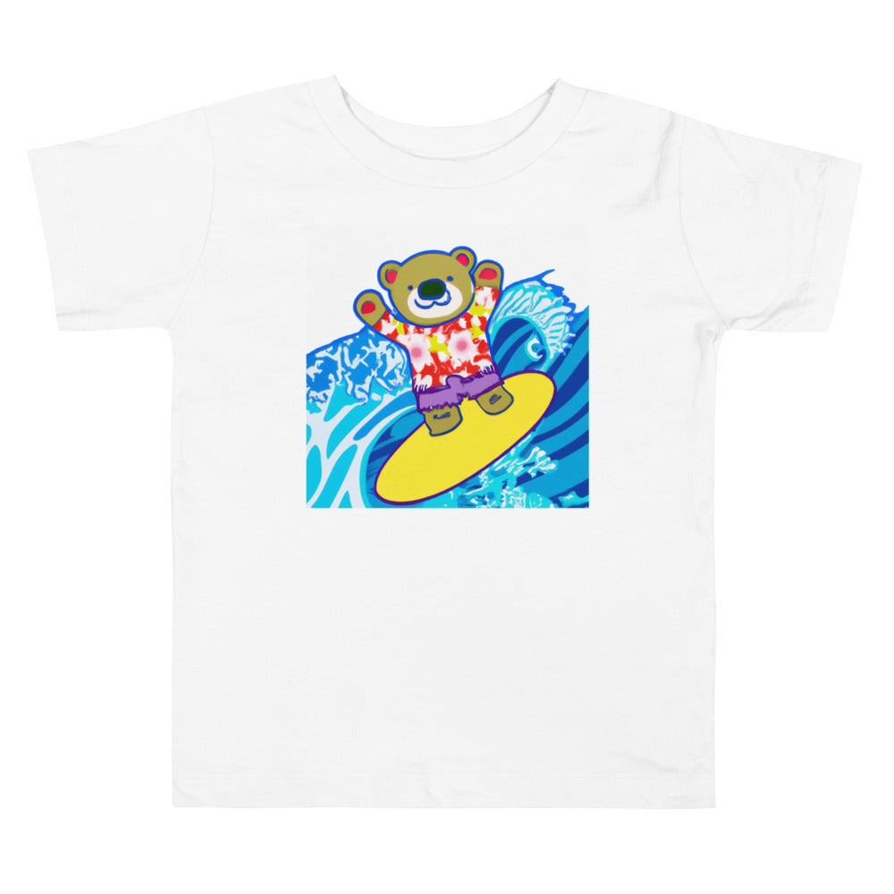 Teddy Surfing 1. Short Sleeve T-shirt for Toddler and Kids - TeesForToddlersandKids -  t-shirt - seasons, summer, surf - happy-teddy-surfing-short-sleeve-t-shirt-for-toddler-and-kids