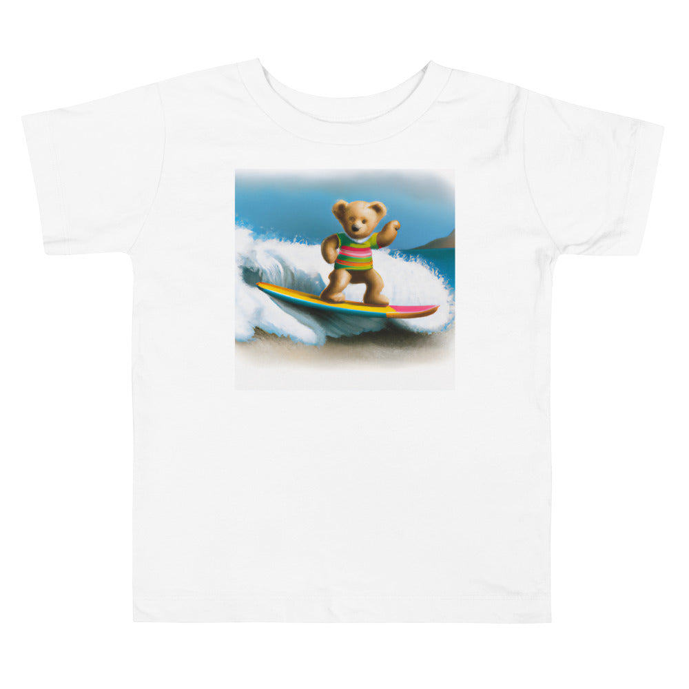 Teddy Surfing 2. Short Sleeve T-shirt for Toddler and Kids - TeesForToddlersandKids -  t-shirt - seasons, summer, surf - happy-teddy-surfing-by-jan-vermeer-2-short-sleeve-t-shirt-for-toddler-and-kids