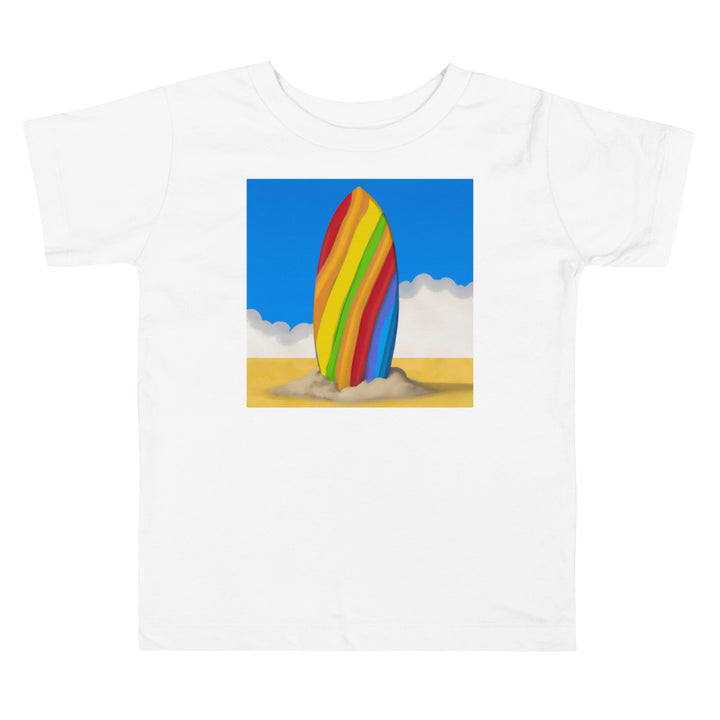 Rainbow Surfboard. Short Sleeve T-shirt for Toddler and Kids - TeesForToddlersandKids -  t-shirt - seasons, summer, surf - rainbow-surfboard-short-sleeve-t-shirt-for-toddler-and-kids