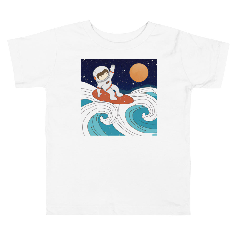 Surfing Astronaut. Short Sleeve T-shirt for Toddler and Kids - TeesForToddlersandKids -  t-shirt - seasons, summer, surf - surfing-astronaut-short-sleeve-t-shirt-for-toddler-and-kids