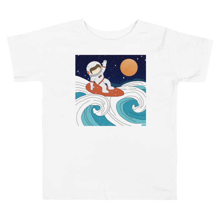 Surfing Astronaut. Short Sleeve T-shirt for Toddler and Kids - TeesForToddlersandKids -  t-shirt - seasons, summer, surf - surfing-astronaut-short-sleeve-t-shirt-for-toddler-and-kids