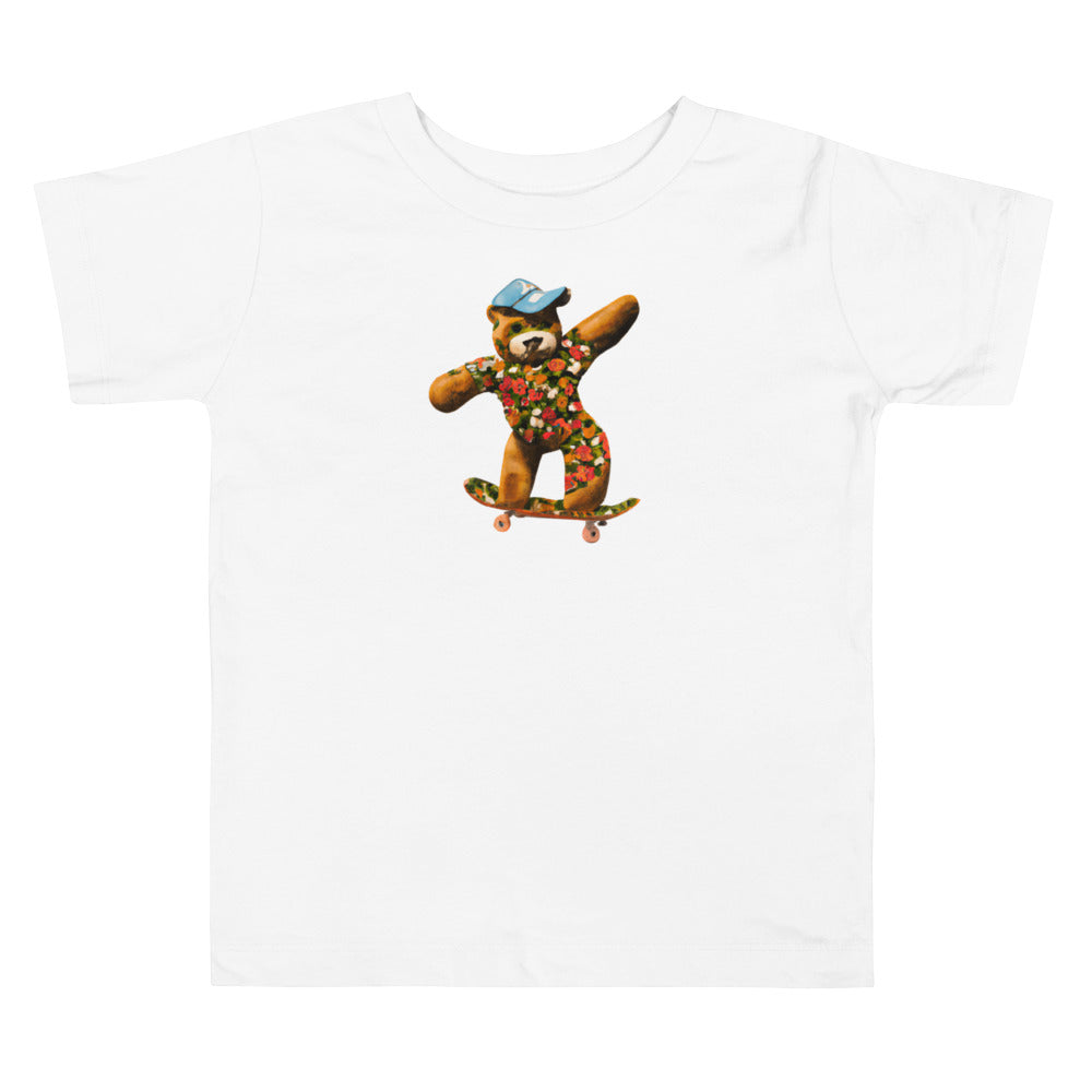 Teddy on Skateboard. Look out! 2 Short Sleeve T-shirt for Toddler and Kids - TeesForToddlersandKids -  t-shirt - seasons, summer, surf - teddy-on-skateboard-short-sleeve-t-shirt-for-toddler-and-kids