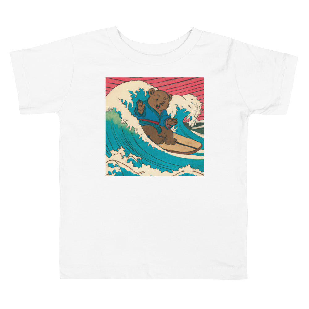 Teddy And The Great Wave. Short Sleeve T-shirt for Toddler and Kids - TeesForToddlersandKids -  t-shirt - seasons, summer, surf - vintage-japanese-art-a-cute-teddy-bear-riding-the-great-wave-ukiyo-e-3-short-sleeve-t-shirt-for-toddler-and-kids