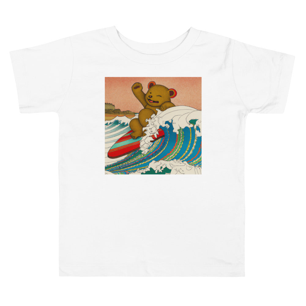 Teddy And The Great Wave 2. Short Sleeve T-shirt for Toddler and Kids - TeesForToddlersandKids -  t-shirt - seasons, summer, surf - vintage-japanese-art-a-cute-teddy-bear-riding-the-great-wave-ukiyo-e-4-short-sleeve-t-shirt-for-toddler-and-kids