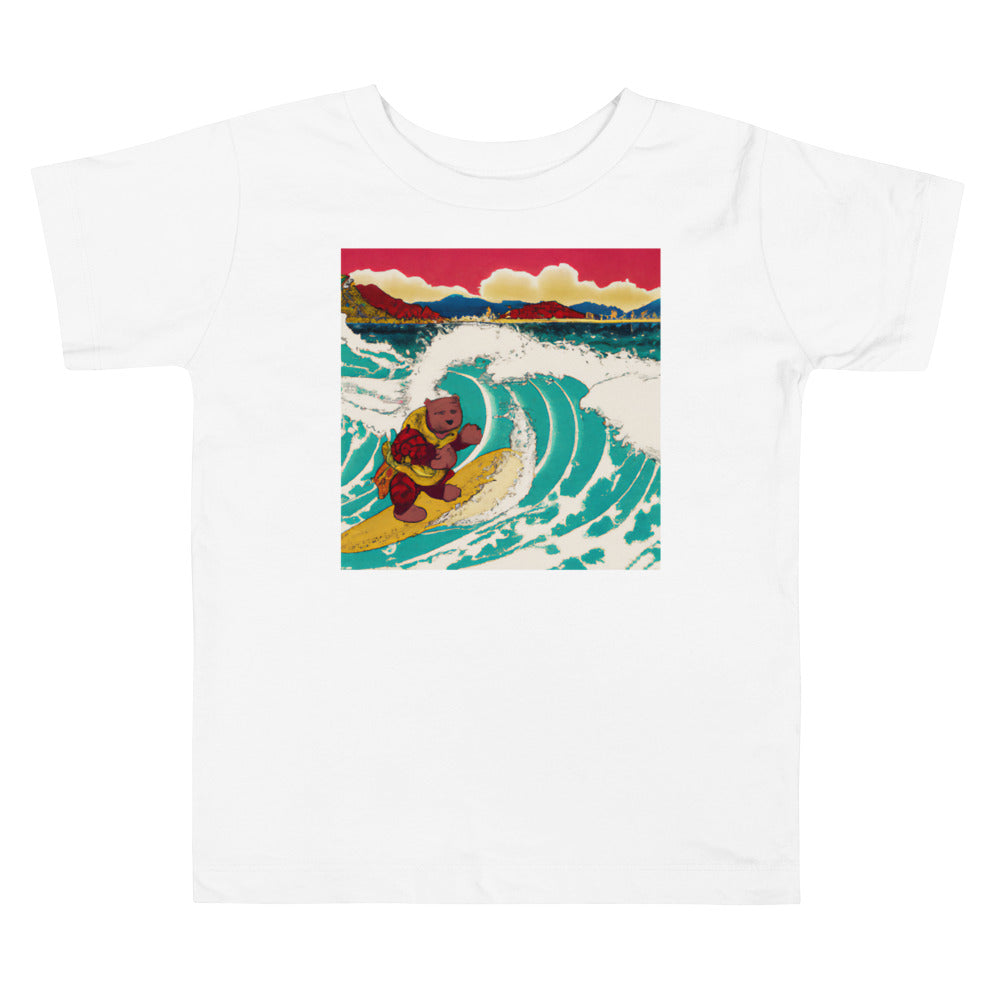 Teddy And The Great Wave 3. Short Sleeve T-shirt for Toddler and Kids - TeesForToddlersandKids -  t-shirt - seasons, summer, surf - vintage-japanese-art-a-teddy-bear-riding-the-great-wave-ukiyo-e-2-short-sleeve-t-shirt-for-toddler-and-kids