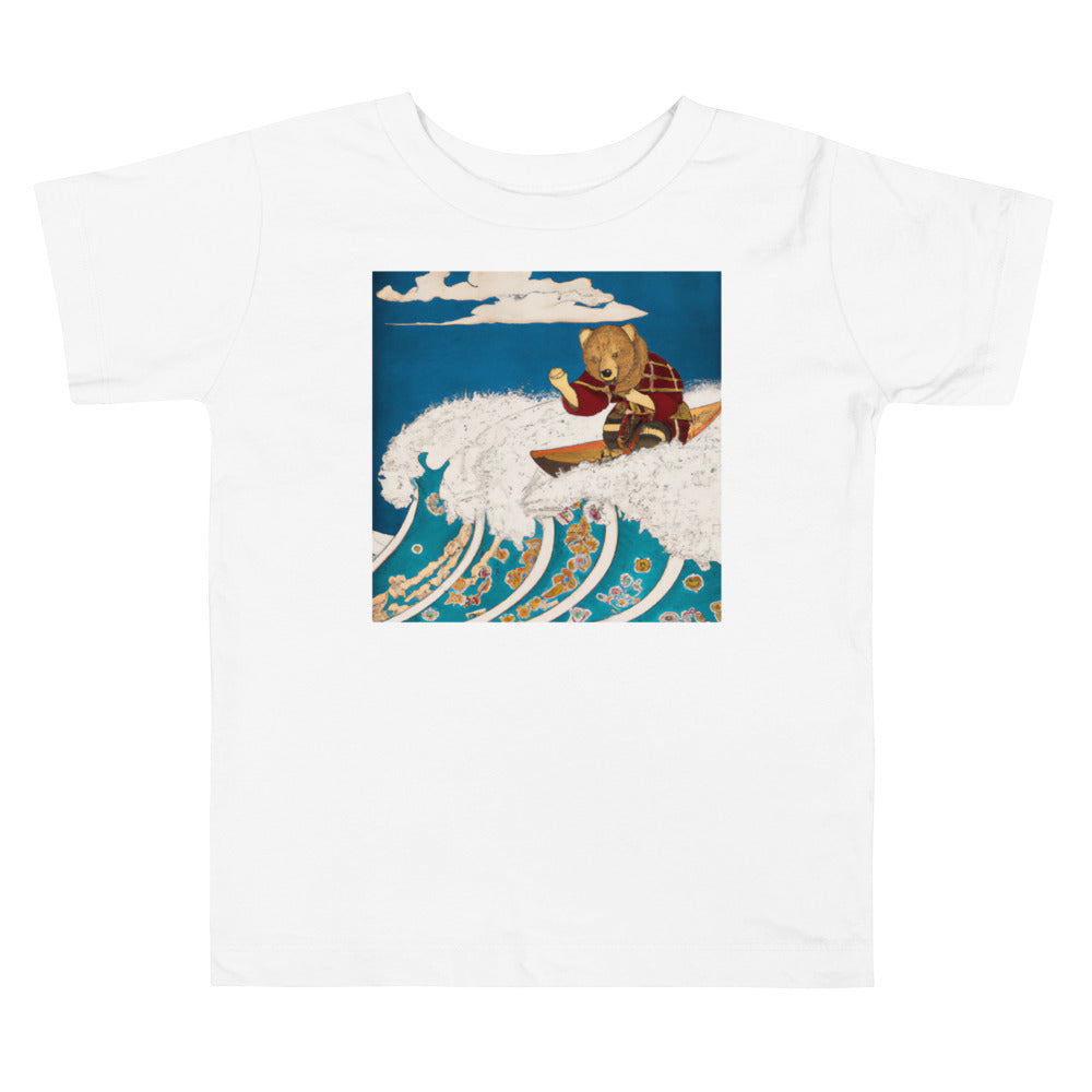 Teddy And The Great Wave 4. Short Sleeve T-shirt for Toddler and Kids - TeesForToddlersandKids -  t-shirt - seasons, summer, surf - vintage-japanese-art-a-teddy-bear-riding-the-great-wave-ukiyo-e-short-sleeve-t-shirt-for-toddler-and-kids