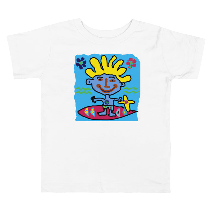 Surfboard -street. Short Sleeve T-shirt for Toddler and Kids - TeesForToddlersandKids -  t-shirt - seasons, summer, surf - a-portrait-of-a-happy-cartoon-toddler-on-a-surfboard-jean-michael-basquiat-style-2-short-sleeve-t-shirt-for-toddler-and-kids