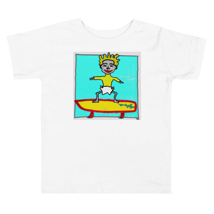 Surfboard 2 - street. Short Sleeve T-shirt for Toddler and Kids - TeesForToddlersandKids -  t-shirt - seasons, summer, surf - a-portrait-of-a-happy-cartoon-toddler-on-a-surfboard-jean-michael-basquiat-style-short-sleeve-t-shirt-for-toddler-and-kids