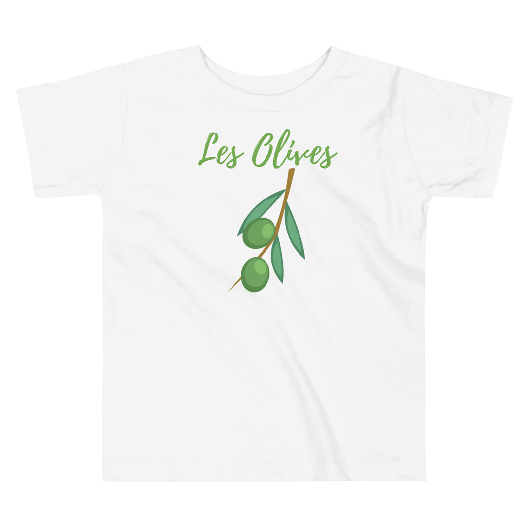 Les olives white summer tshirt for toddlers and kids. Mediterranean green olive leaf.