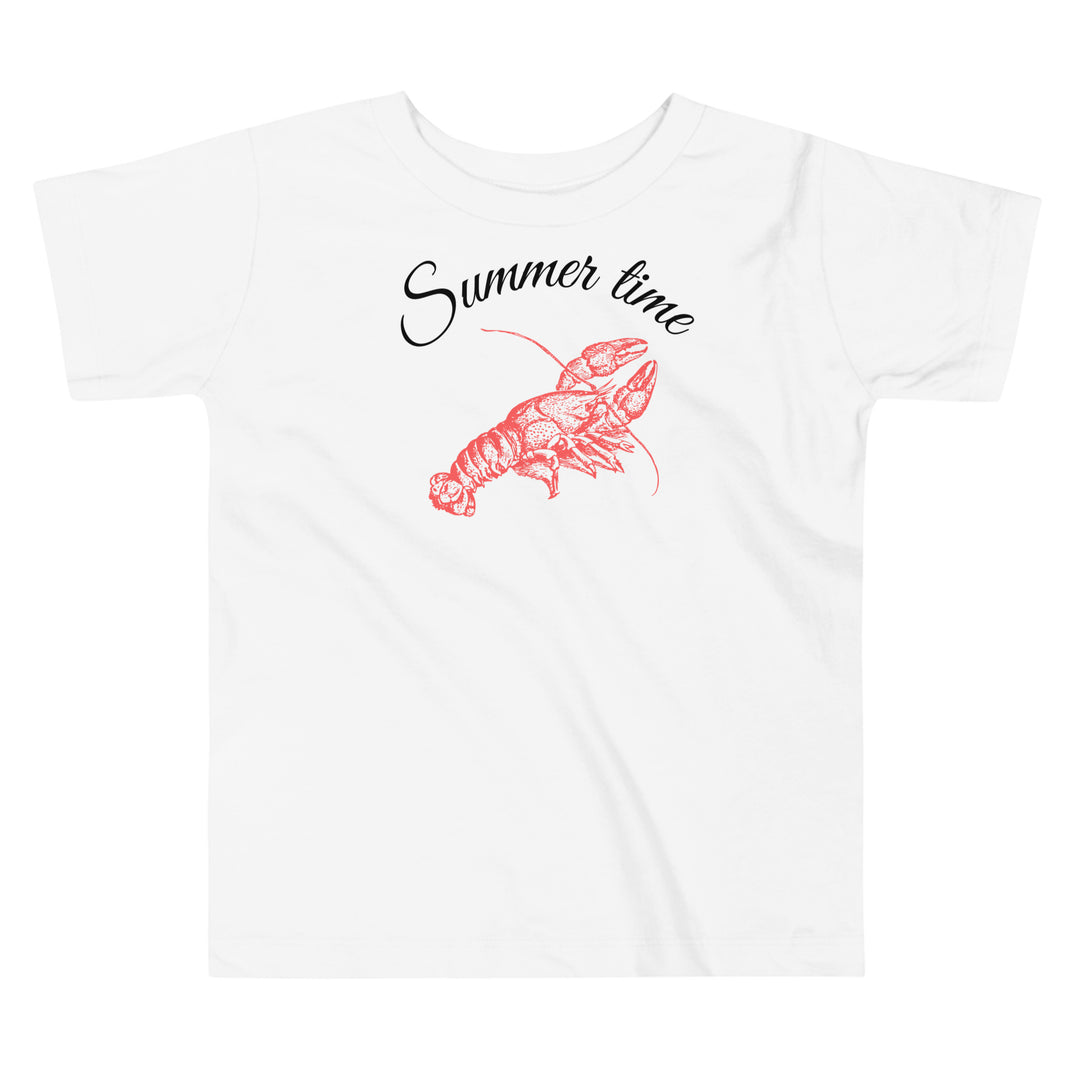 Summertime white tshirt with a lobster. Summer vacation tshirts for toddlers and kids.