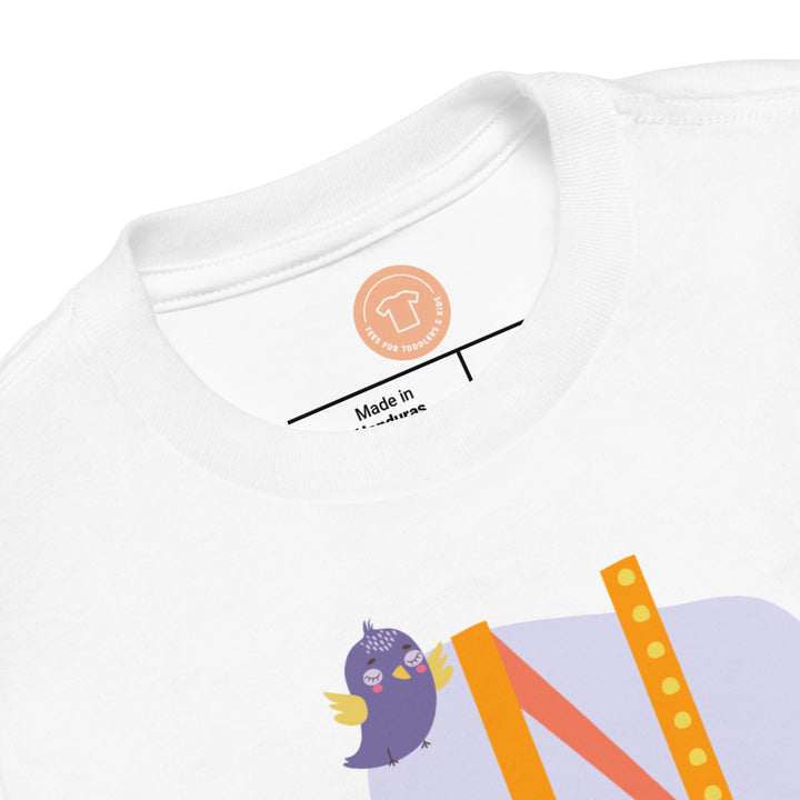 N Letter Alphabet Orange Lavender With Bird. Short Sleeve T-shirt For Toddler And Kids.