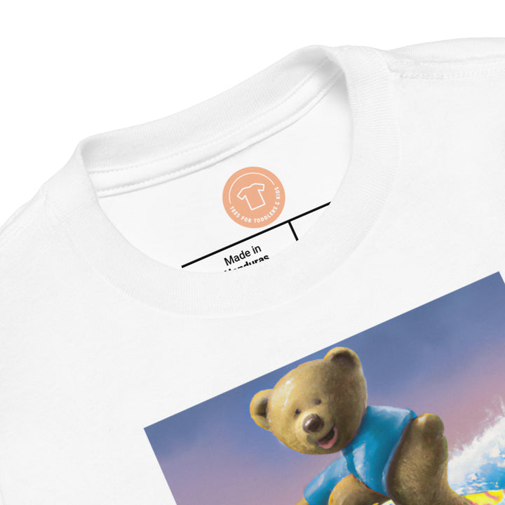 Teddy Surfing 3. Short Sleeve T-shirt for Toddler and Kids - TeesForToddlersandKids -  t-shirt - seasons, summer, surf - happy-teddy-surfing-by-jan-vermeer-short-sleeve-t-shirt-for-toddler-and-kids