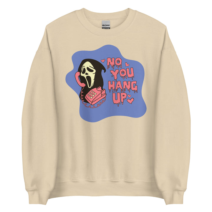 No you hang up in Persian Blue. Scream Sweatshirt, Ghostface Sweatshirt for women. Unisex Crewneck Halloween Sweatshirt