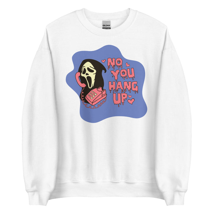 No you hang up in Persian Blue. Scream Sweatshirt, Ghostface Sweatshirt for women. Unisex Crewneck Halloween Sweatshirt