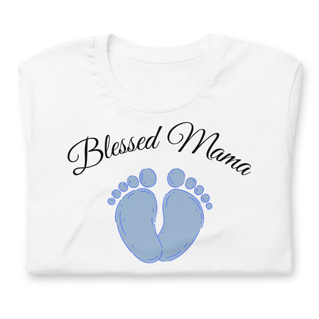 Baby feet blue t-shirt for mama. Baby announcement or gender reveal?