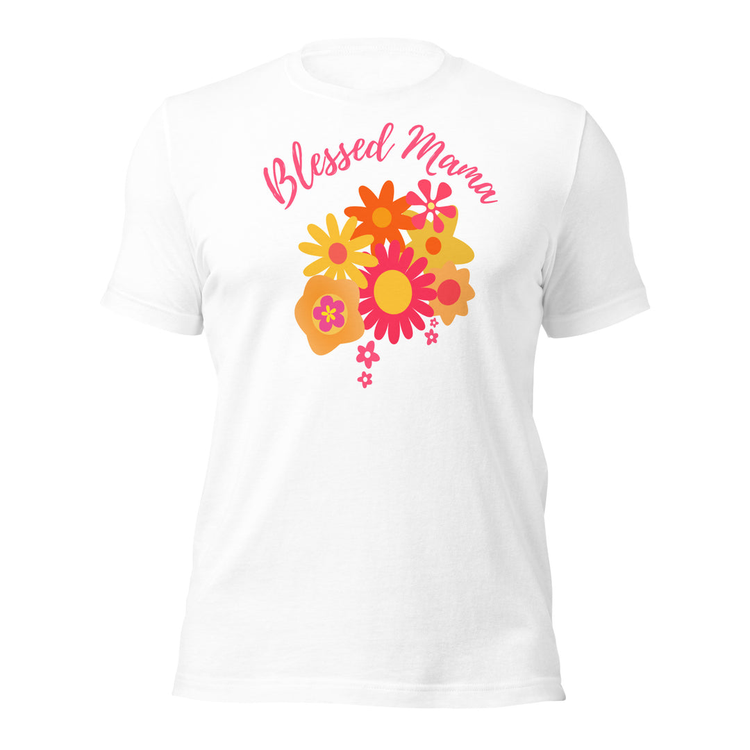 Blessed mama, fresh orange and pink flower bouquet. Short sleeve t shirt for mama.